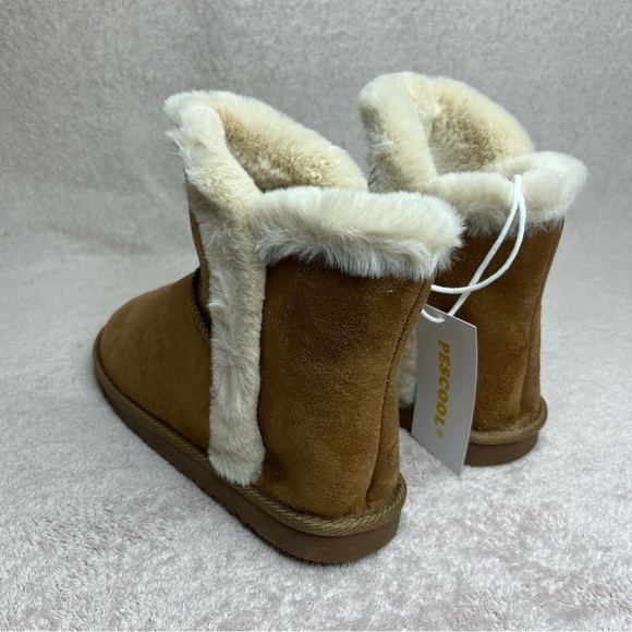 Pescool Faux Suede/Fur Boots Ankle Buckle Booties-Brown-Youth 3-Winter-Cozy-Warm - Picture 3 of 10